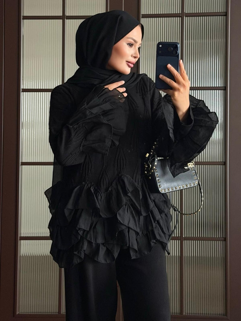 Black ruffle detail knit top and trousers set - detail