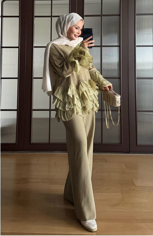 Olive Green ruffle detail knit top and trousers set - full