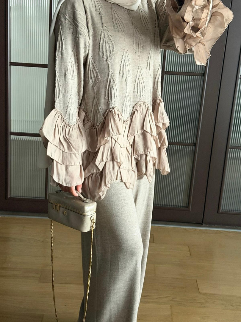 Mink ruffle detail knit top and trousers set - fabric