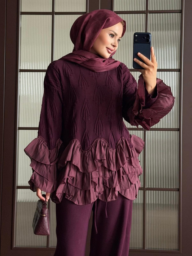 Plum ruffle detail knit top and trousers set - closeup