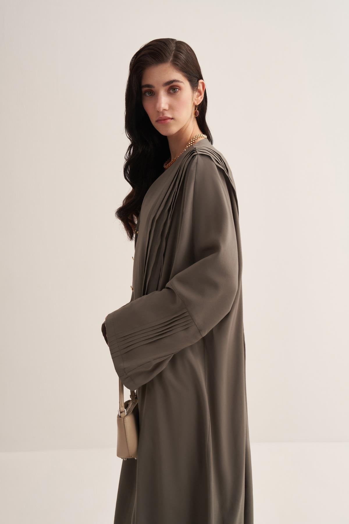 Natural Viscose Sage Green-Colored Abaya with Button Details sonafey Natural Viscose Sage Green-Colored Abaya with Button Details sonafey