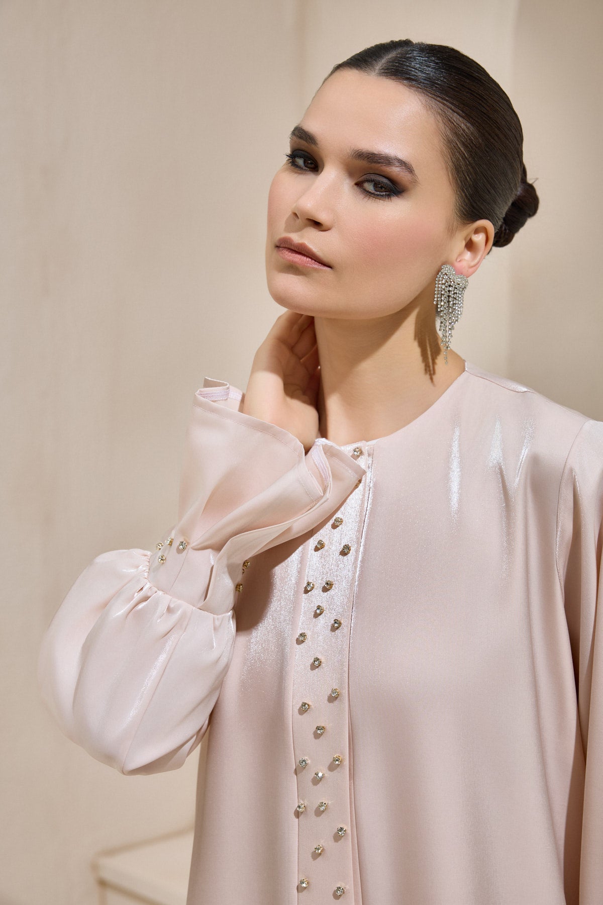 Organza Poudre Satin Crystal Abaya - sonafey