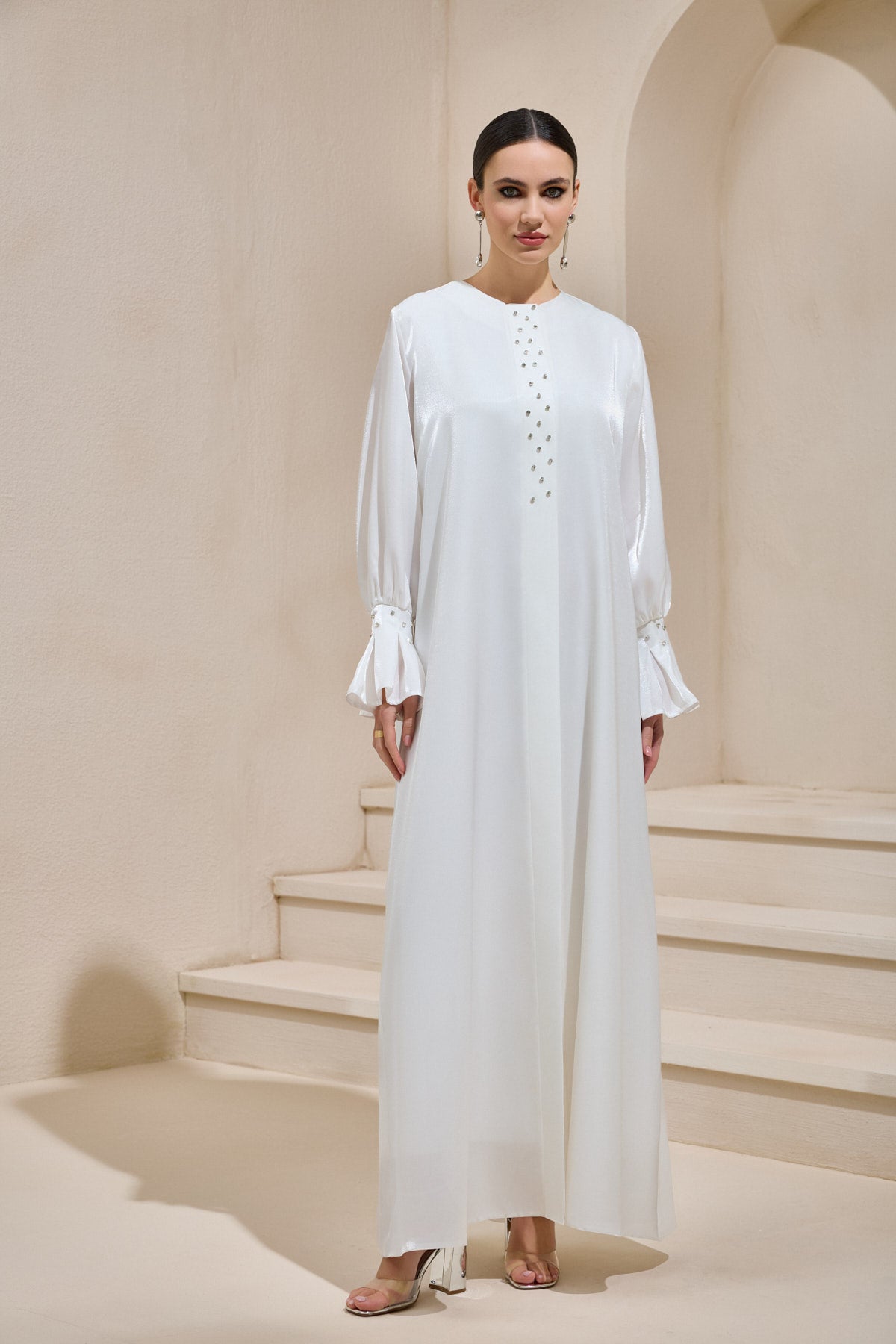 Organza White Satin Crystal Abaya - sonafey