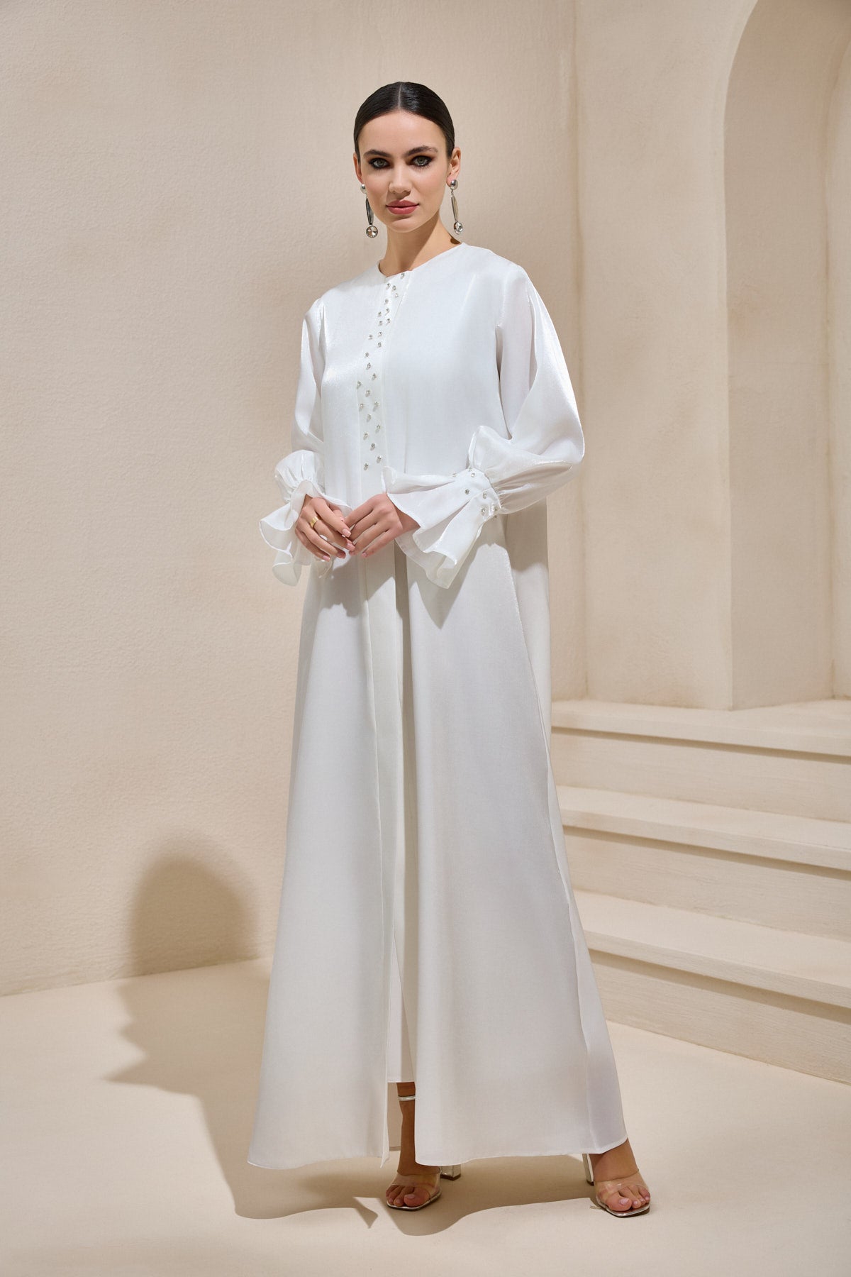 Organza White Satin Crystal Abaya - sonafey