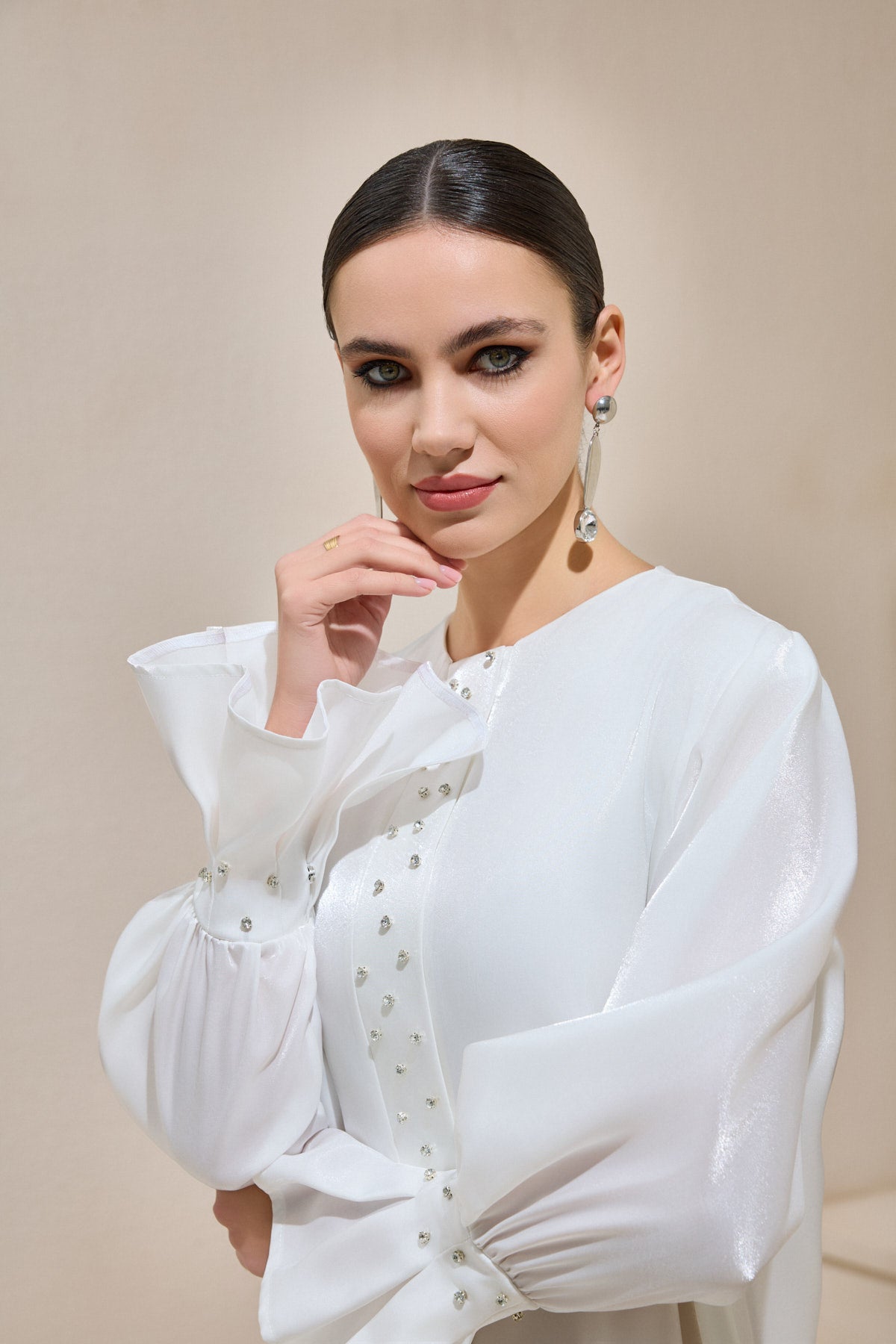 Organza White Satin Crystal Abaya - sonafey