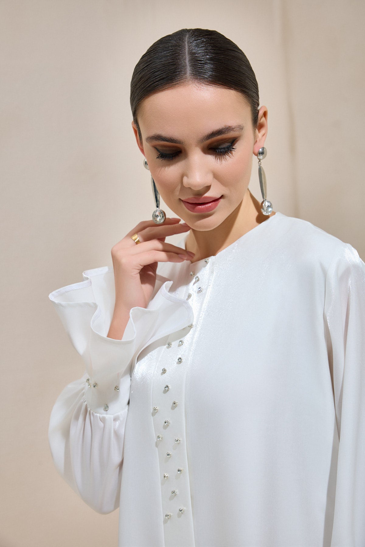Organza White Satin Crystal Abaya - sonafey