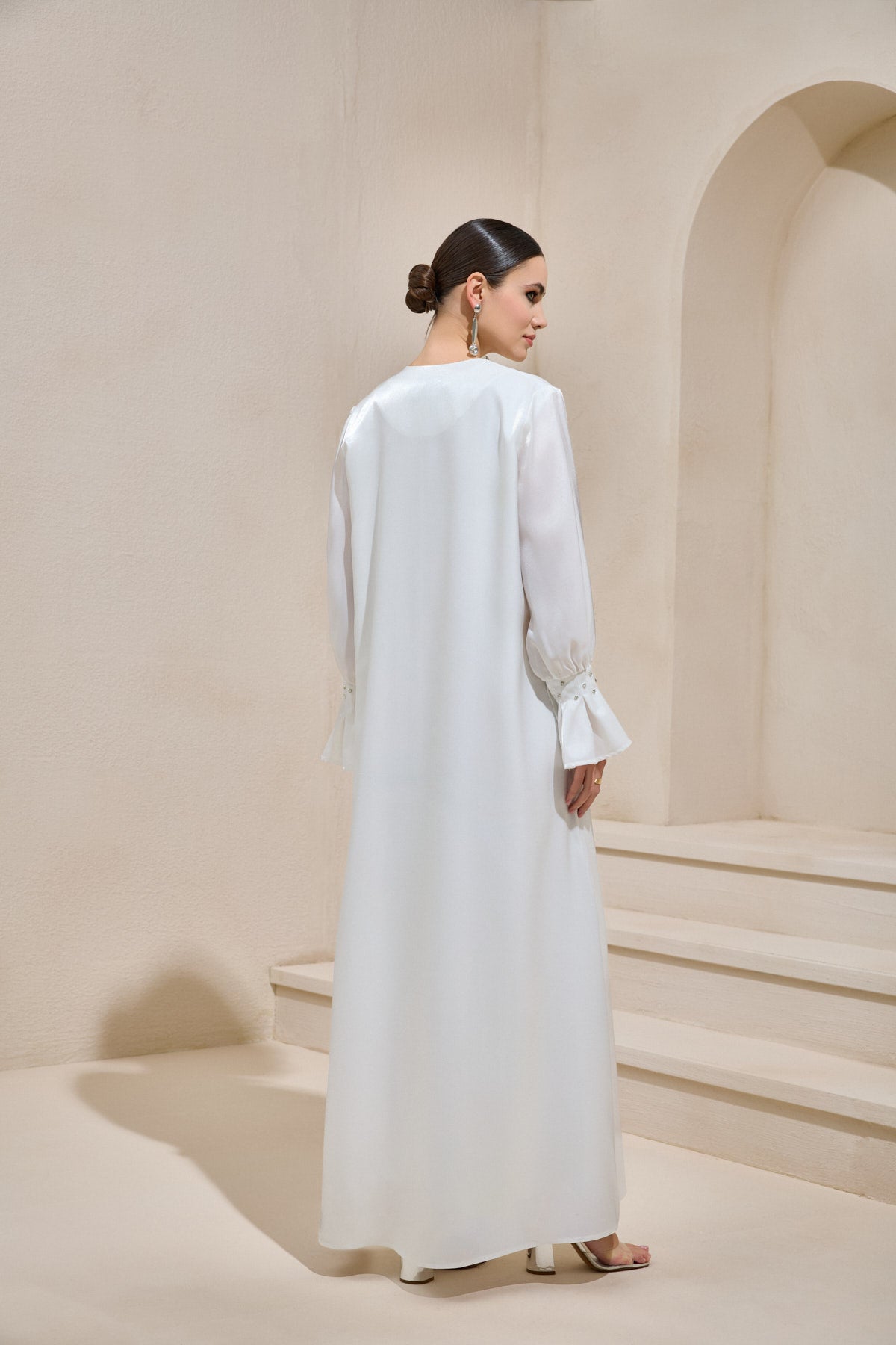 Organza White Satin Crystal Abaya - sonafey