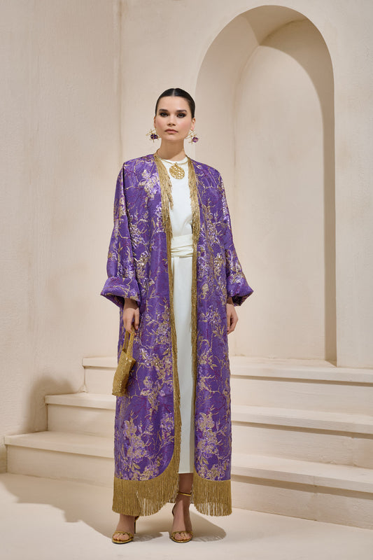 Limited Collection Purple Gold Jacquard Abaya with Tassels