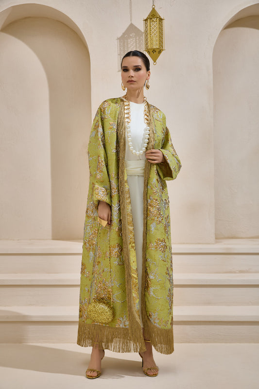 Limited Collection Green Gold Jacquard Abaya with Tassels