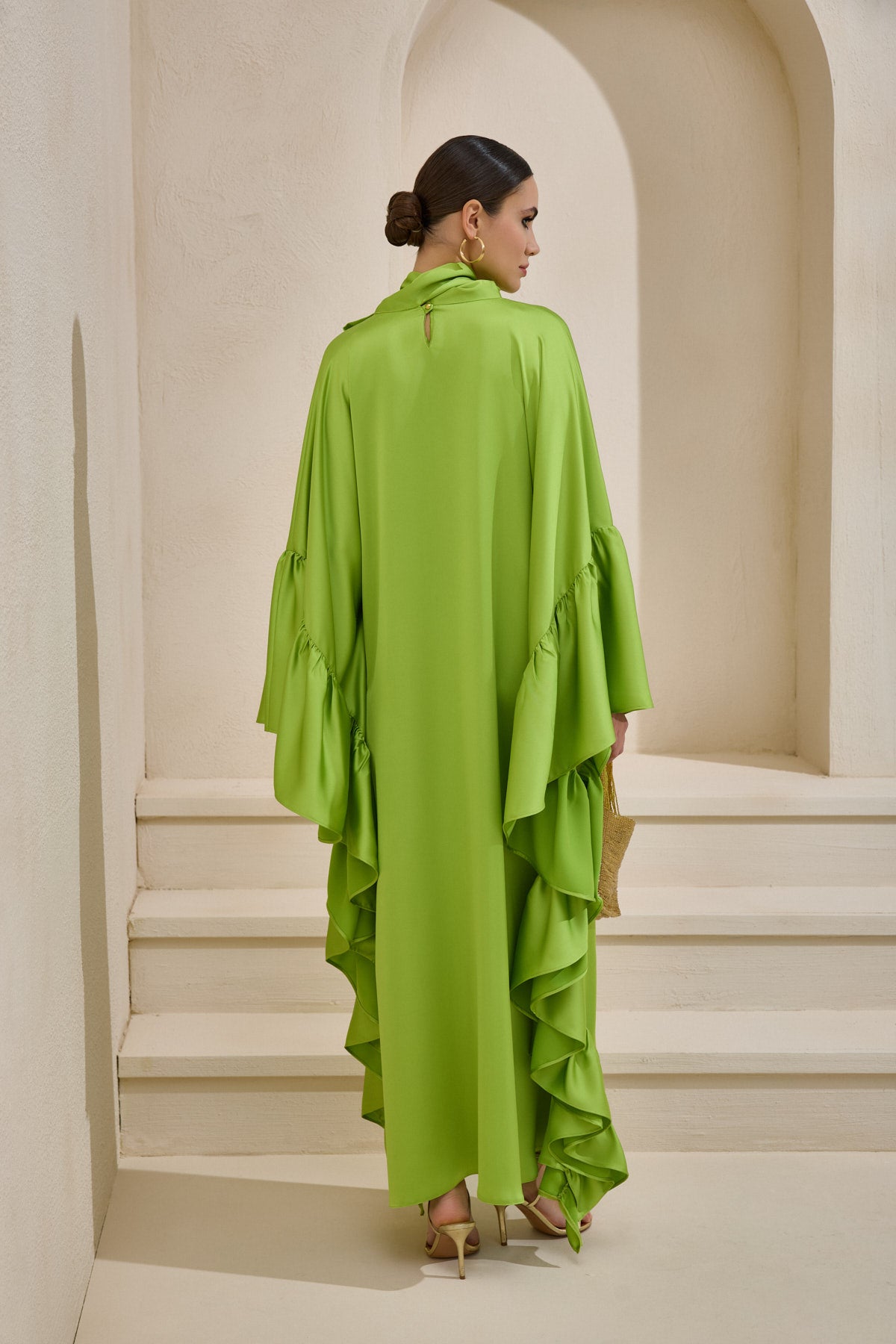 Limited Collection Light Green Wrap-neck Kaftan in Satin - sonafey