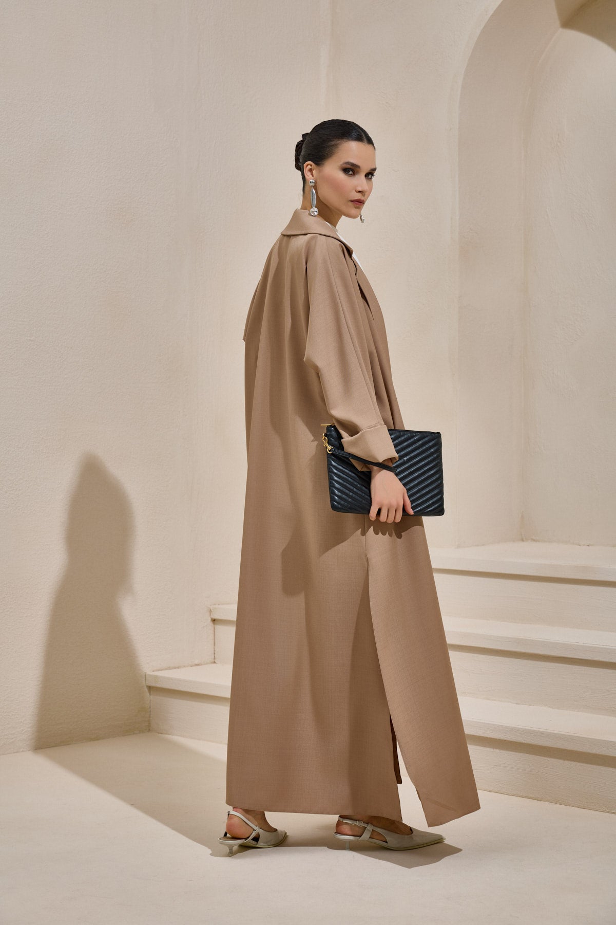 Light Brown Business Casual Abaya Set with Trousers - sonafey