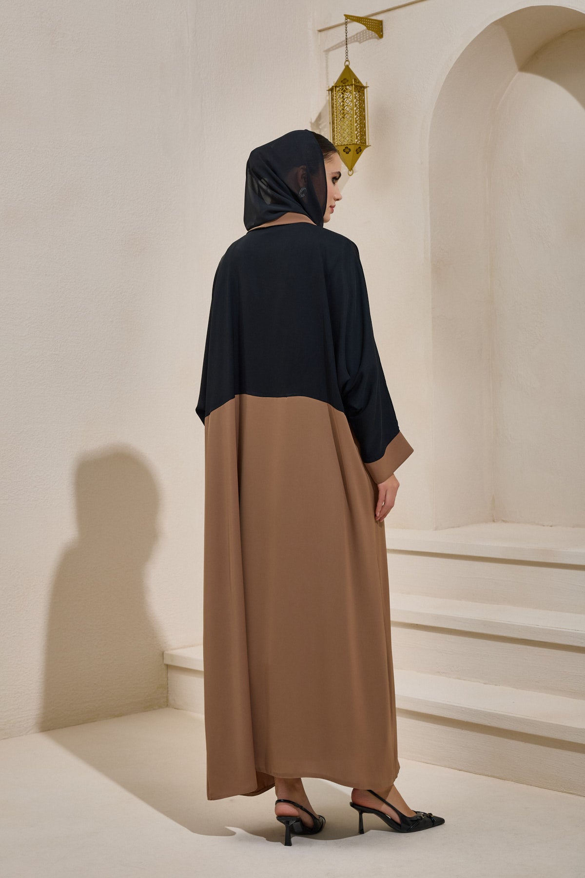 Brown and Black Abaya Set with Shawl - sonafey