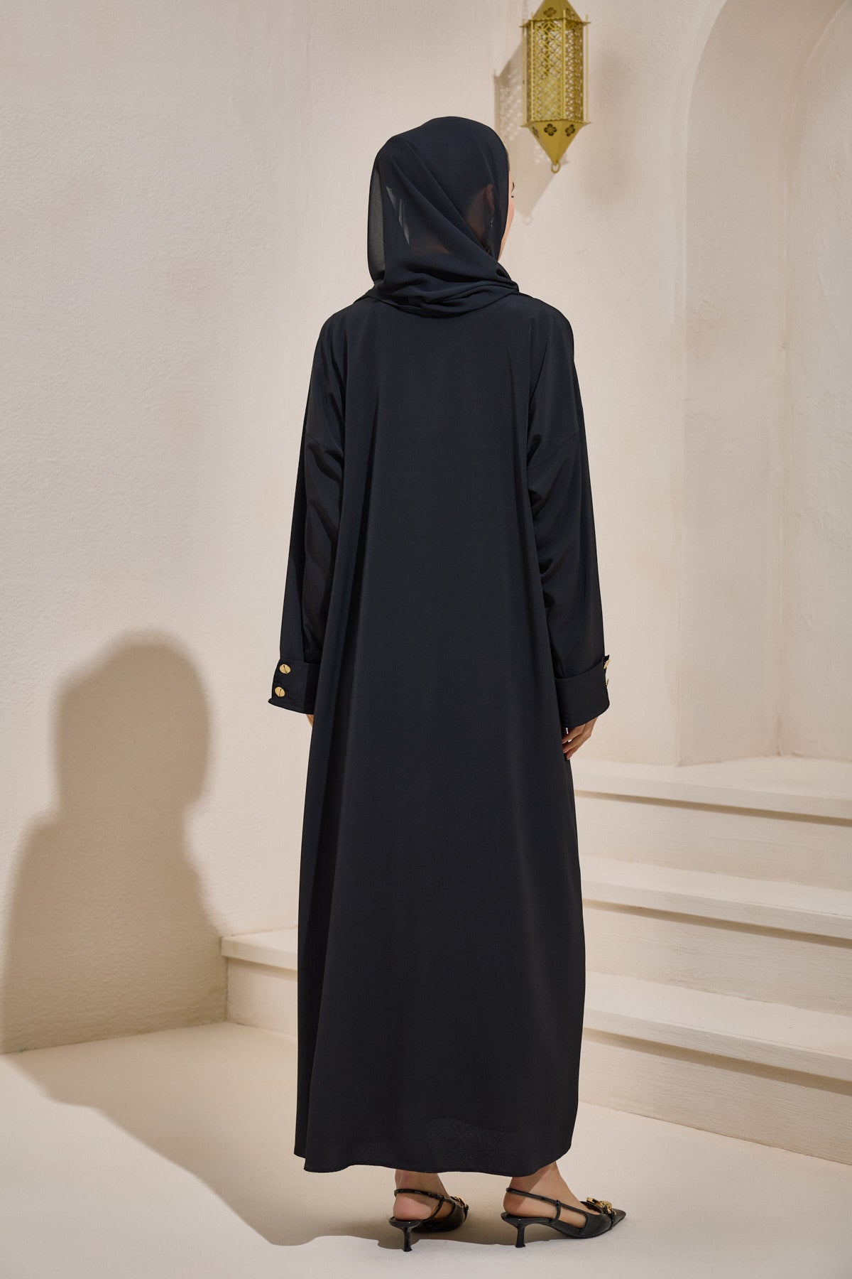 Black Gold Button Detailed Trench Abaya - sonafey