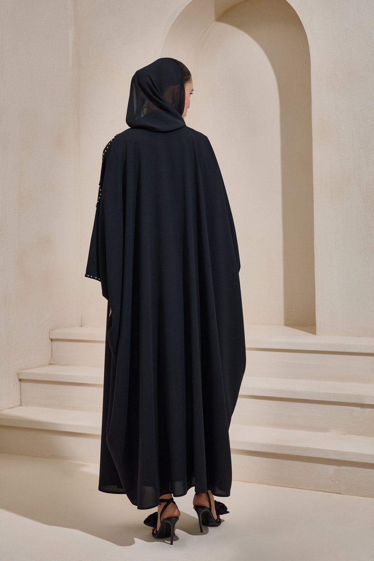 Black Crystal Embellished Flower Abaya - sonafey