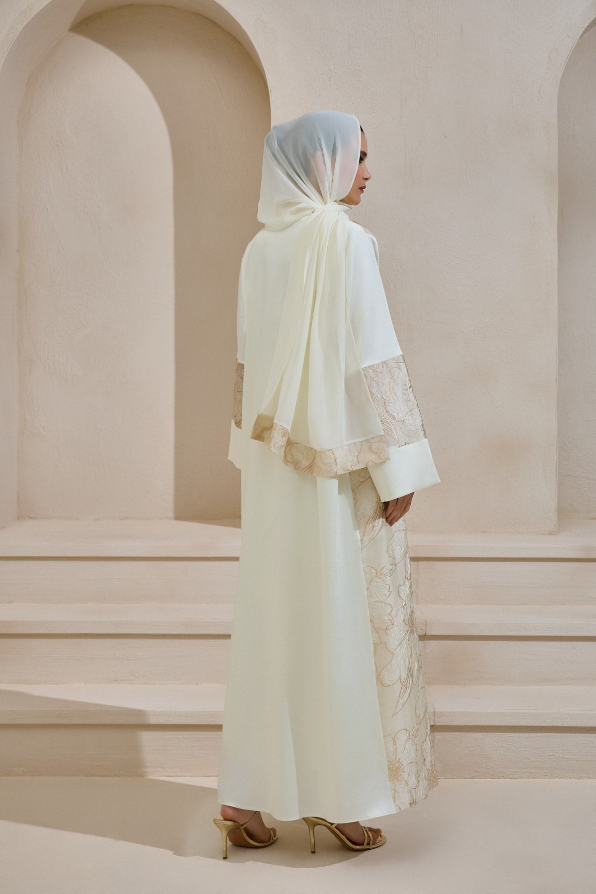 Gold Brocade Cream Abaya Set with Shawl - sonafey