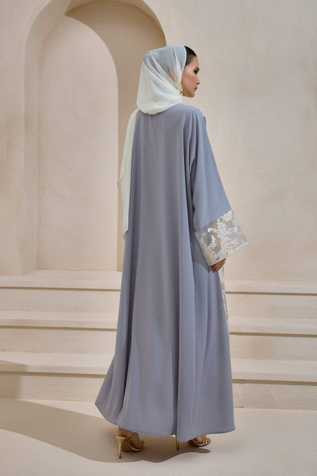 Gray Gold Brocade Abaya Set with Shawl - sonafey