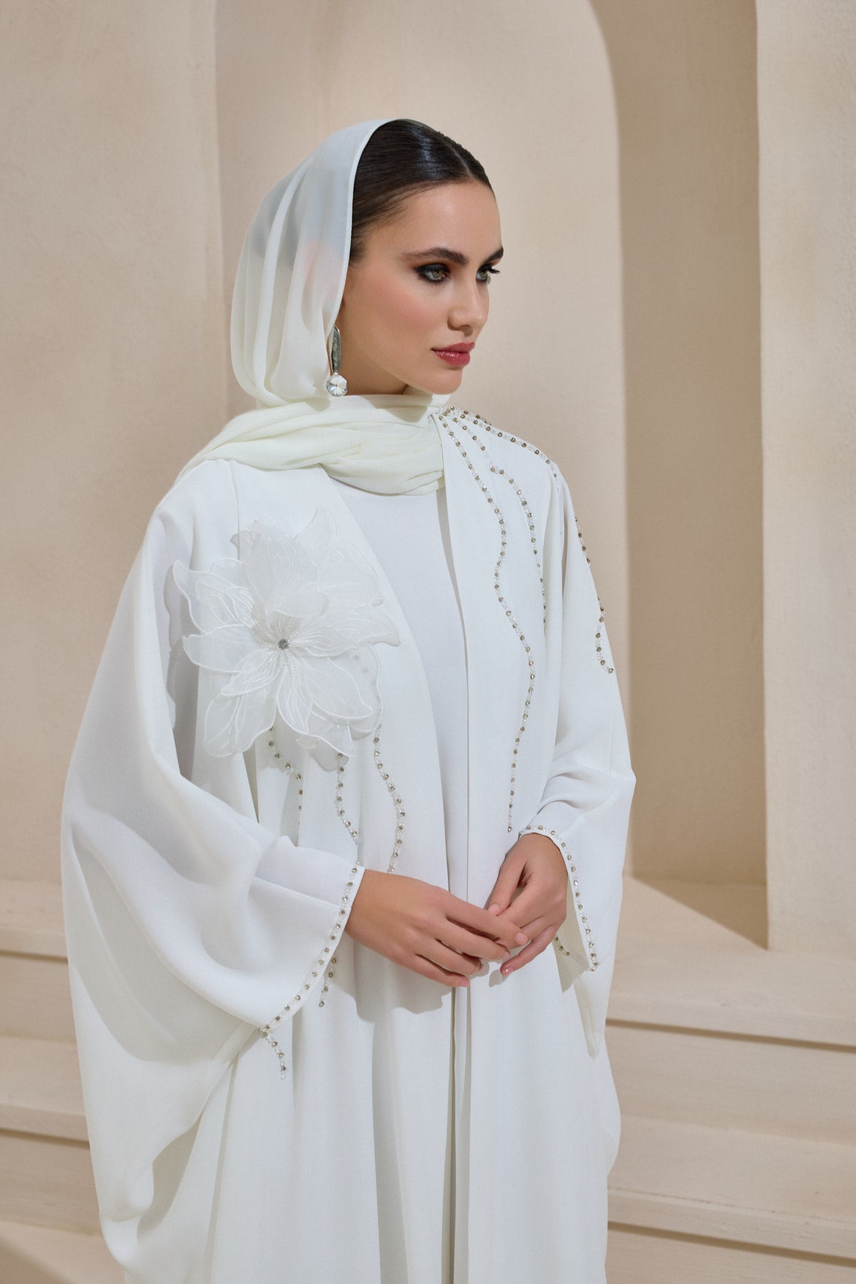 White Crystal Embellished Flower Abaya - sonafey