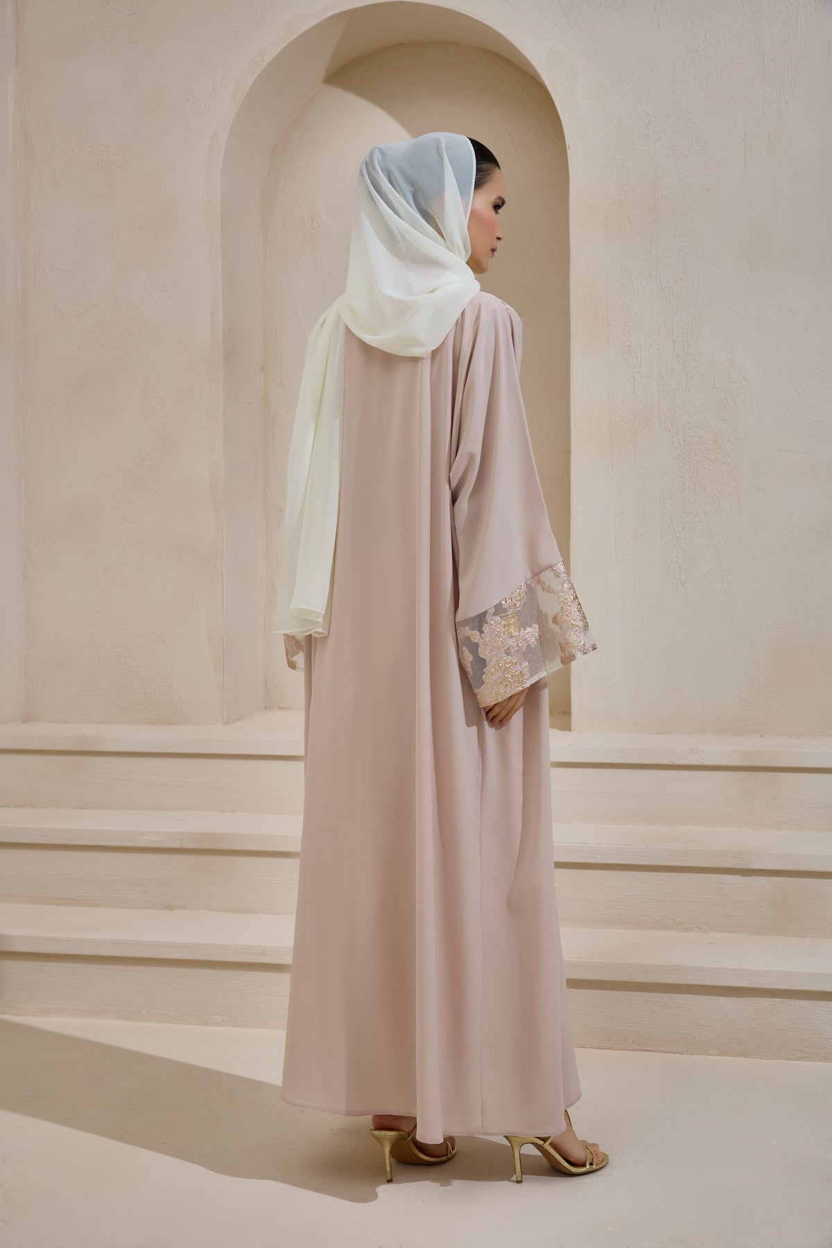 Powder Gold Brocade Abaya Set with Shawl - sonafey