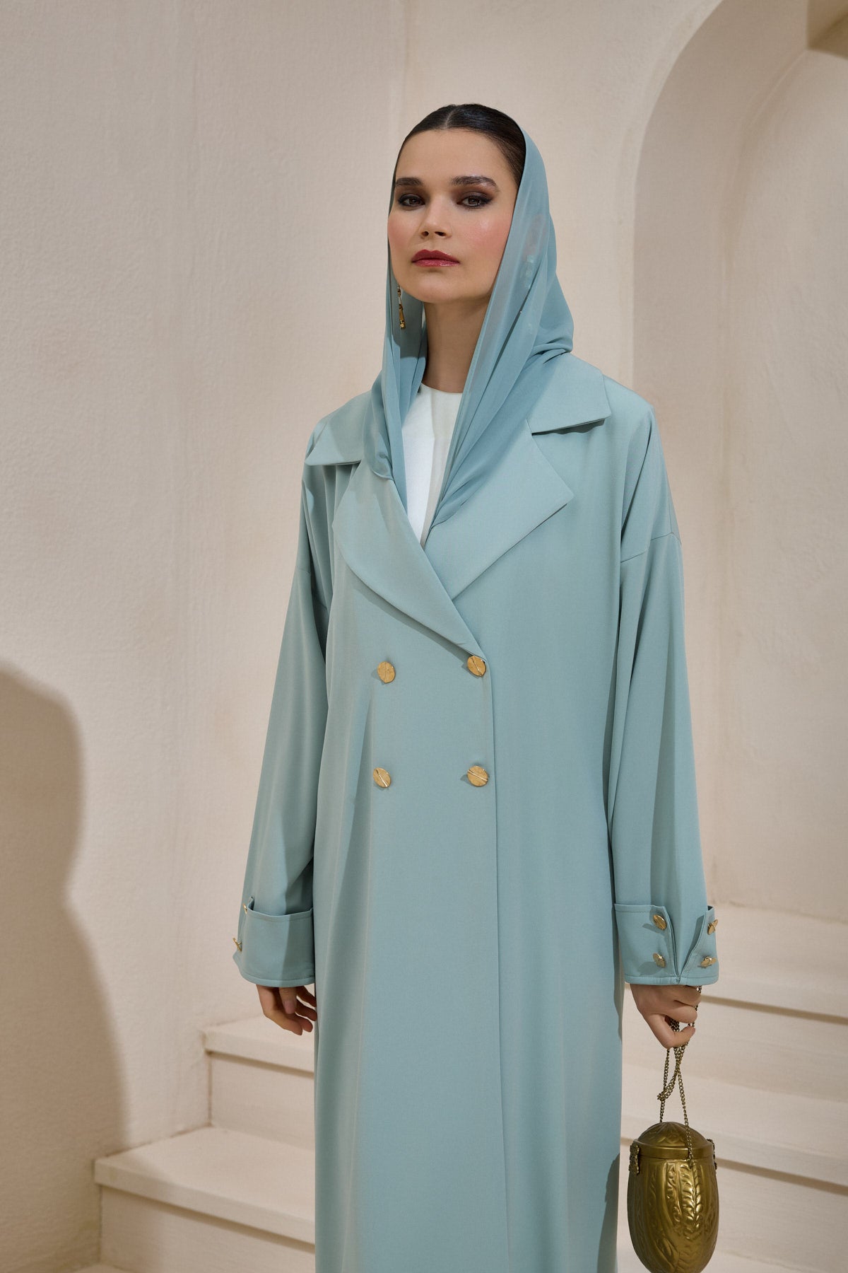 Mint Green Gold Button Detailed Trench Abaya - sonafey