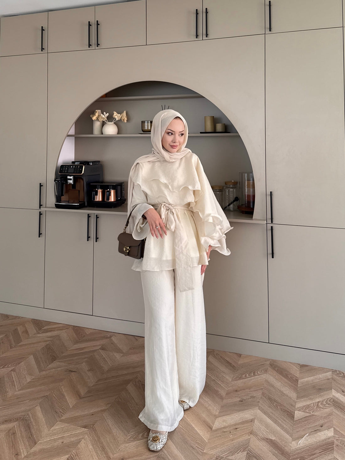Shirley Ruffled Pant Set - Beige
