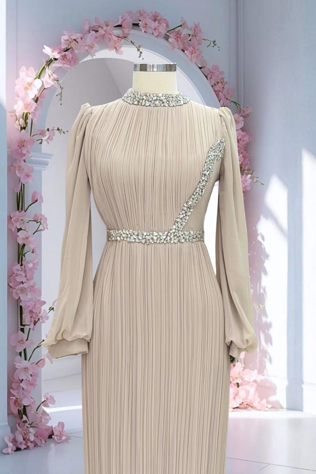 Sima Modest Evening Dress - Beige