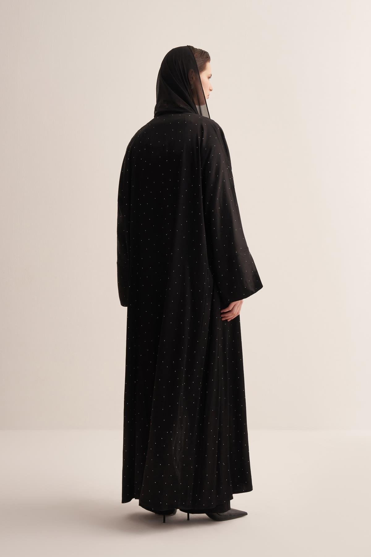 Black Natural Fabric Abaya with Stone Embellishments and Matching Shawl - sonafey