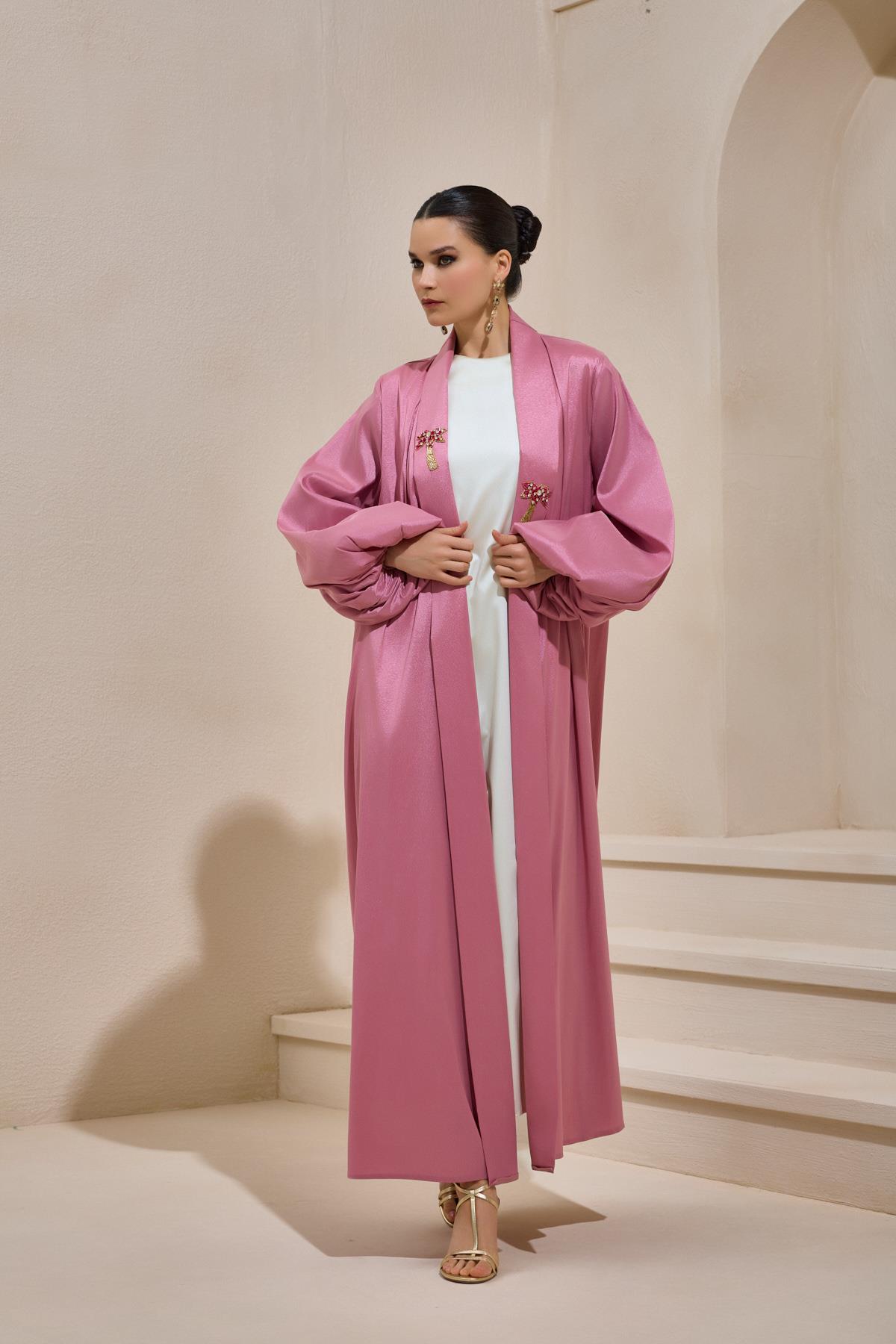 Premium Hand Embellished Taffeta Pink Abaya - sonafey