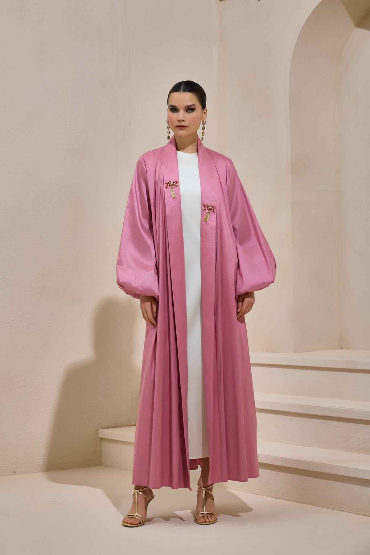 Premium Hand Embellished Taffeta Pink Abaya - sonafey