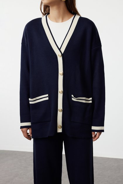 Navy and cream contrast trimmed cardigan gold buttons detail
