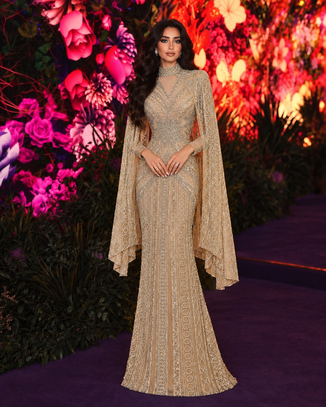 Terracota Couture Cape Detail Dress in Gold