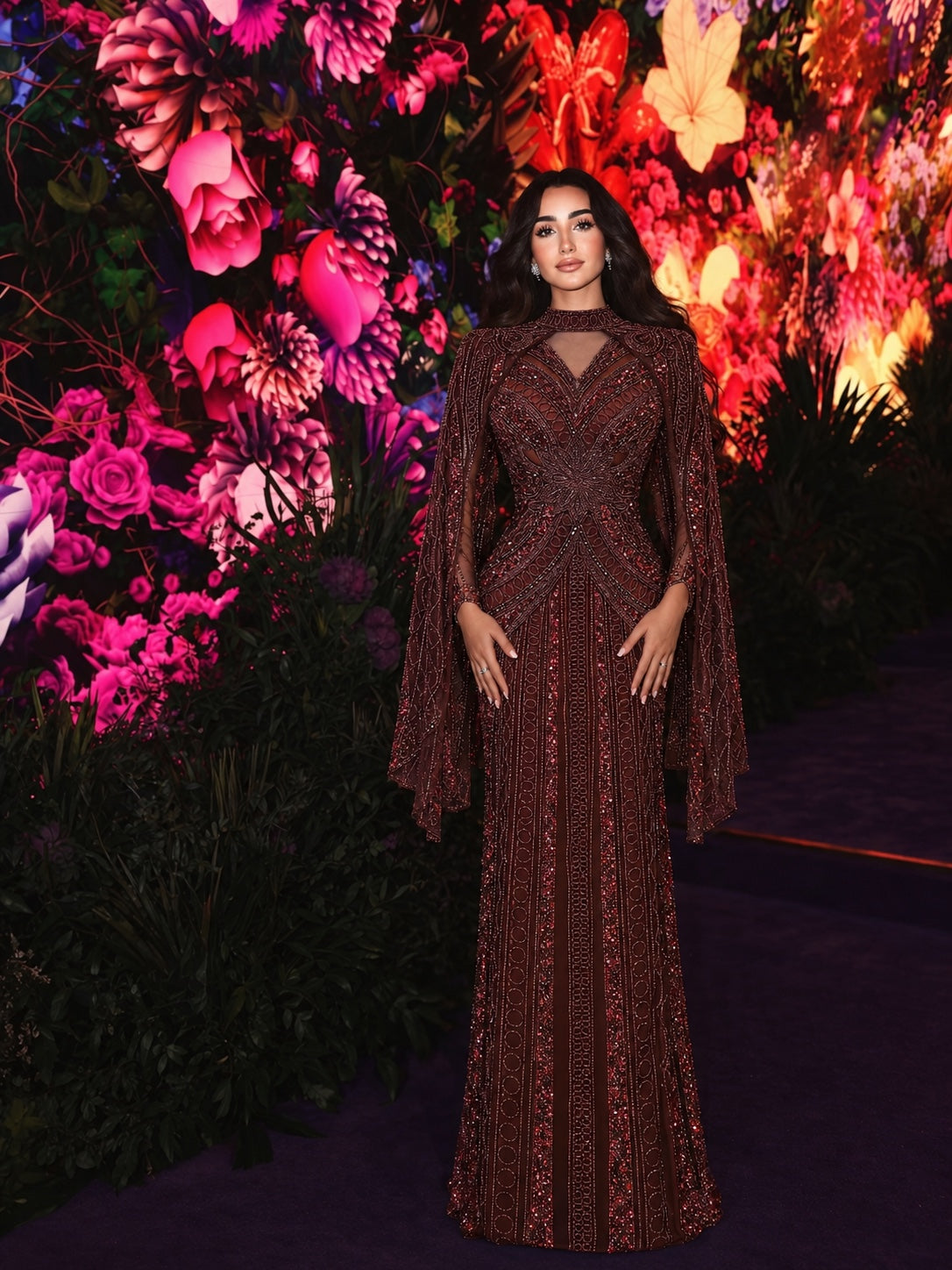 Terracota Couture Cape Detail Dress in Burgundy