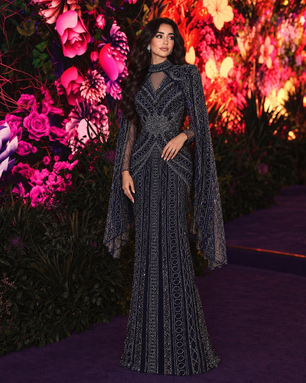 Terracota Couture Cape Detail Dress in Navy Blue