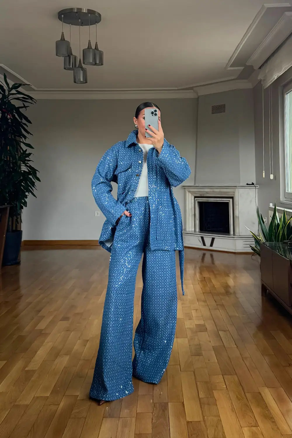 Blue sequin detail denim jacket and trouser two-piece set – full outfit