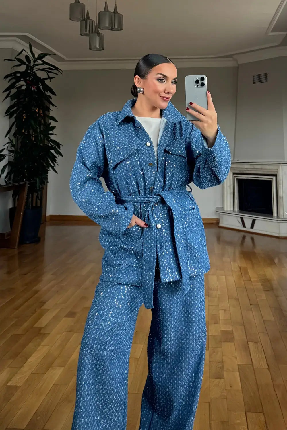 Blue sequin detail denim jacket and trouser two-piece set – portrait