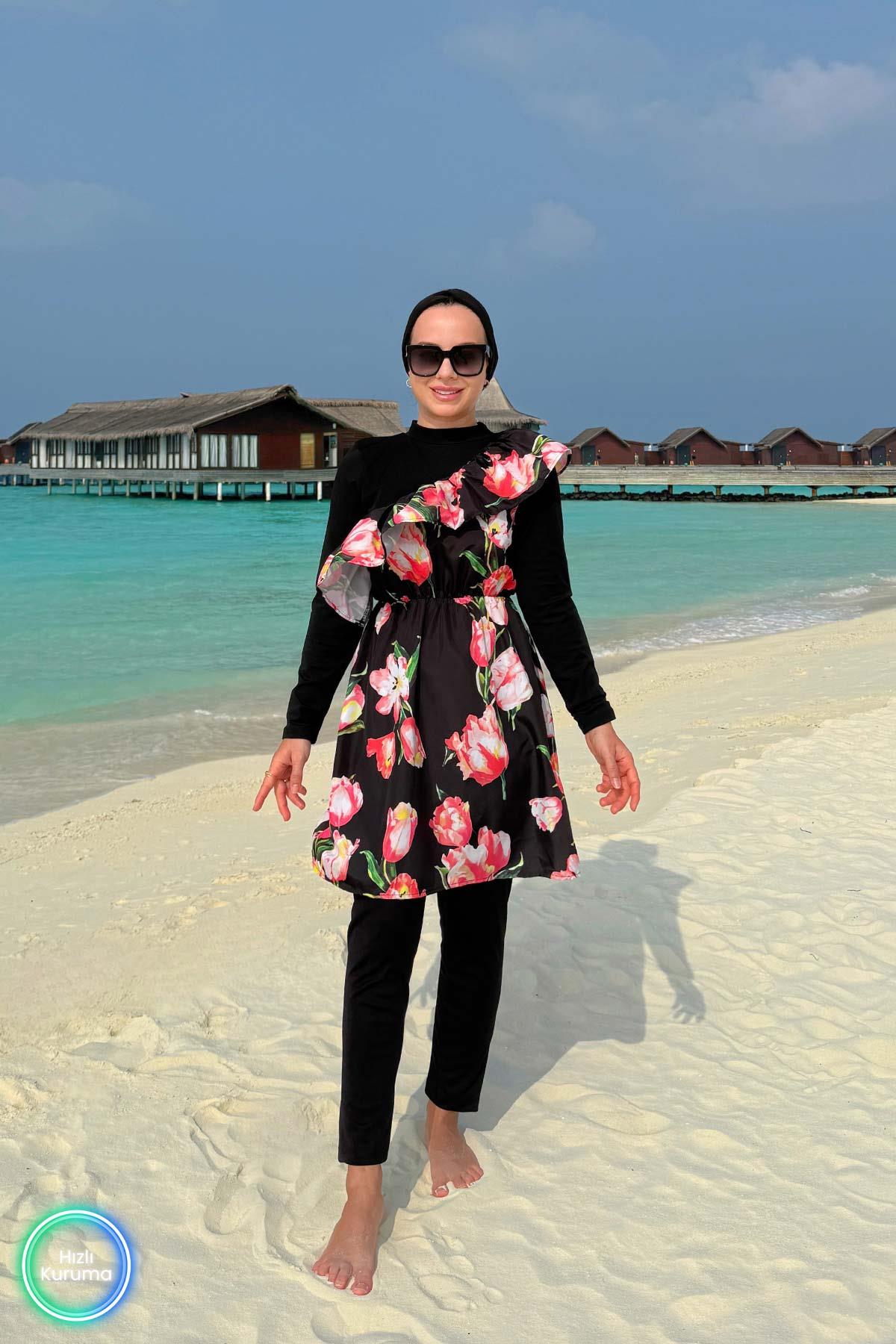 Black Chick Burkini Tulip Ruffle Detail Modest Swimsuit