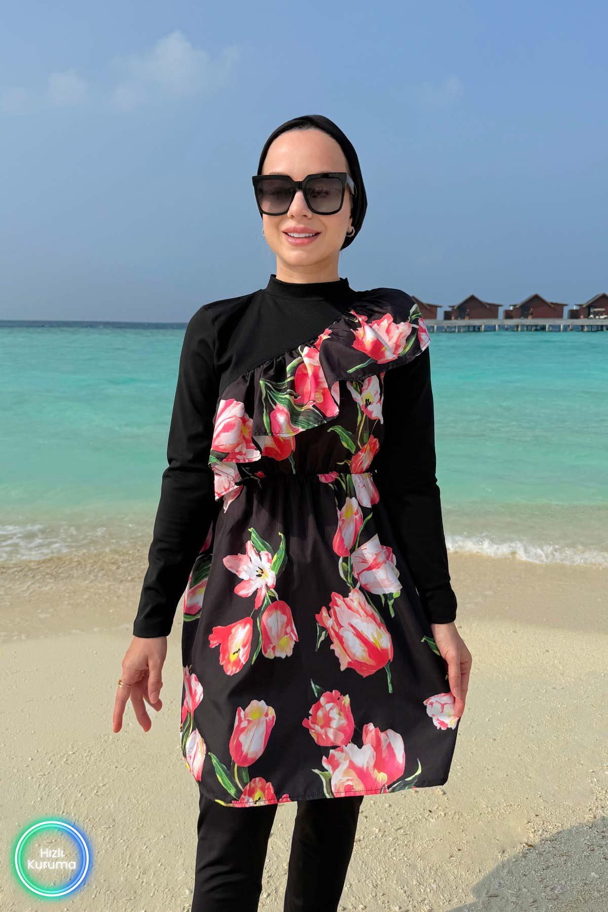 Black Chick Burkini Tulip Ruffle Detail Modest Swimsuit