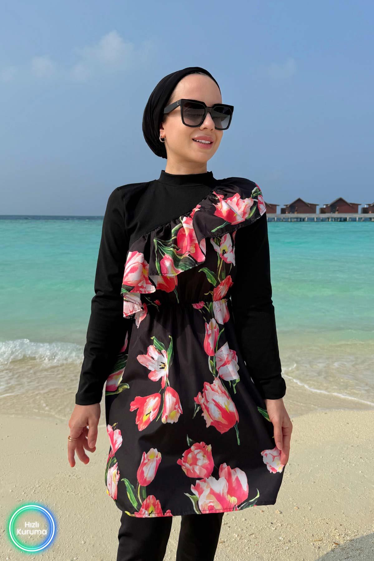 Black Chick Burkini Tulip Ruffle Detail Modest Swimsuit