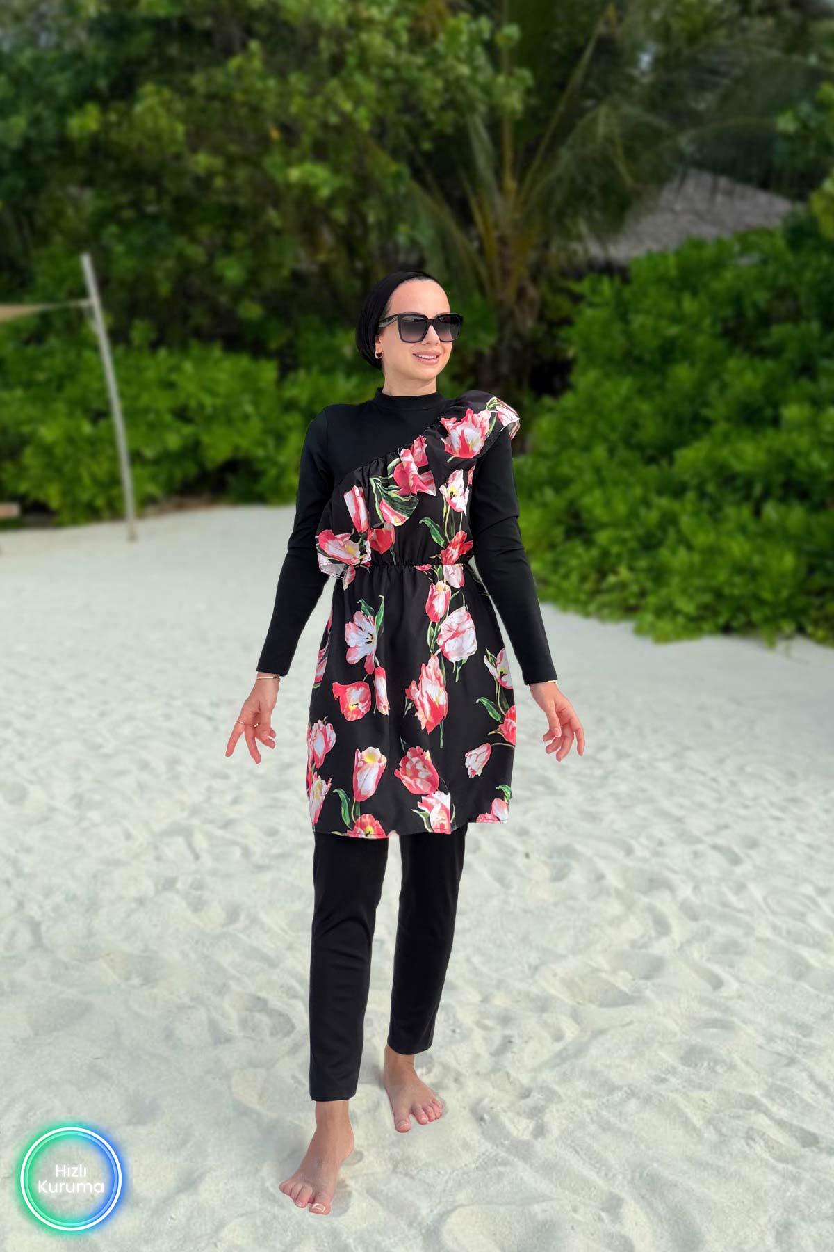 Black Chick Burkini Tulip Ruffle Detail Modest Swimsuit
