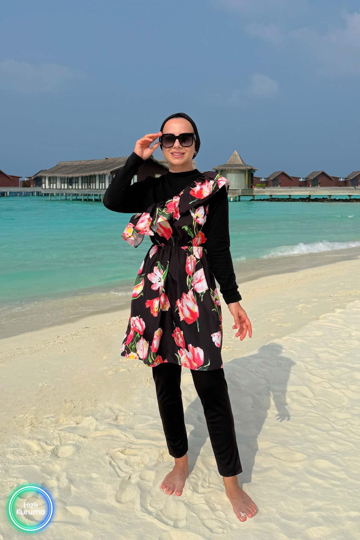 Black Chick Burkini Tulip Ruffle Detail Modest Swimsuit