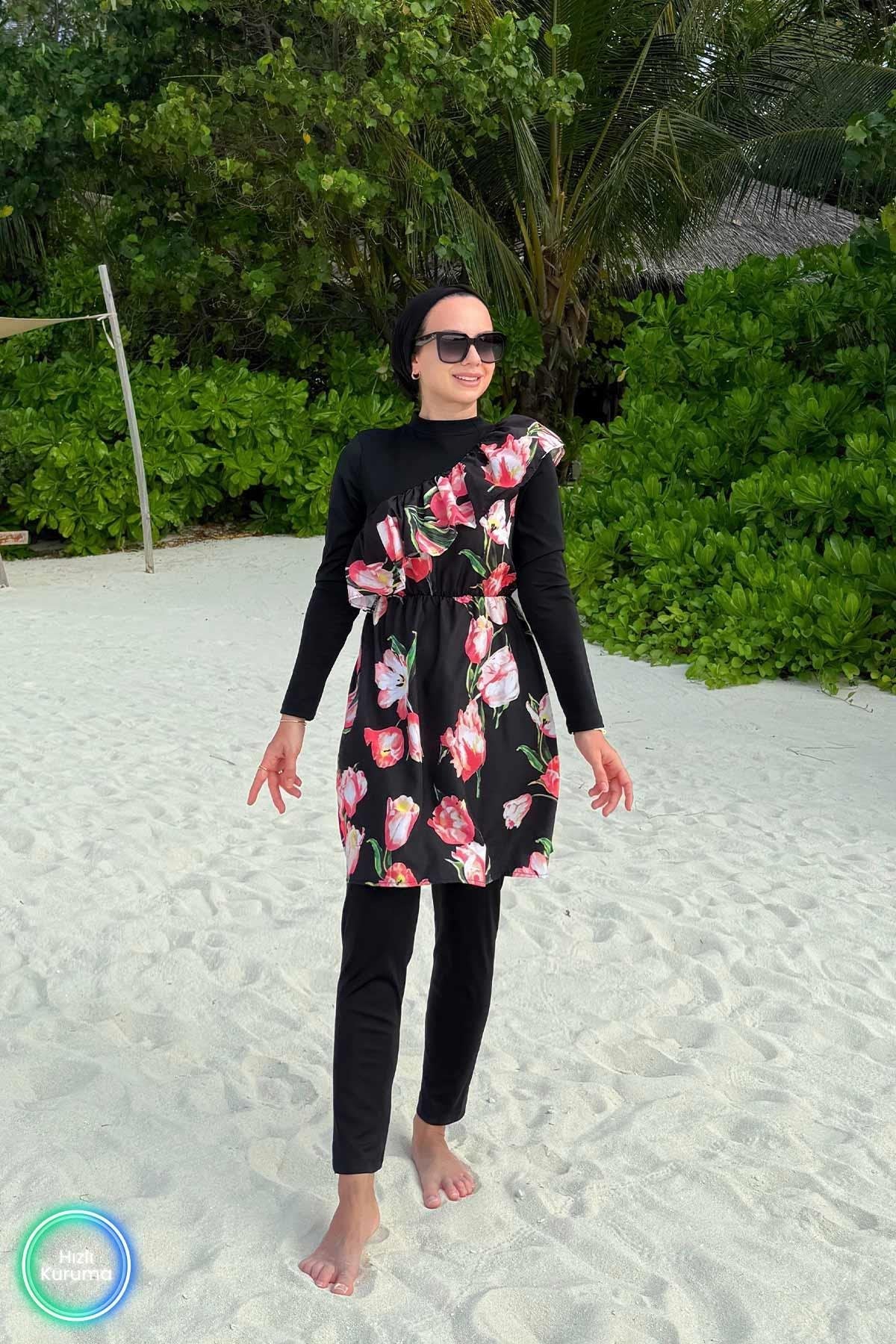 Black Chick Burkini Tulip Ruffle Detail Modest Swimsuit