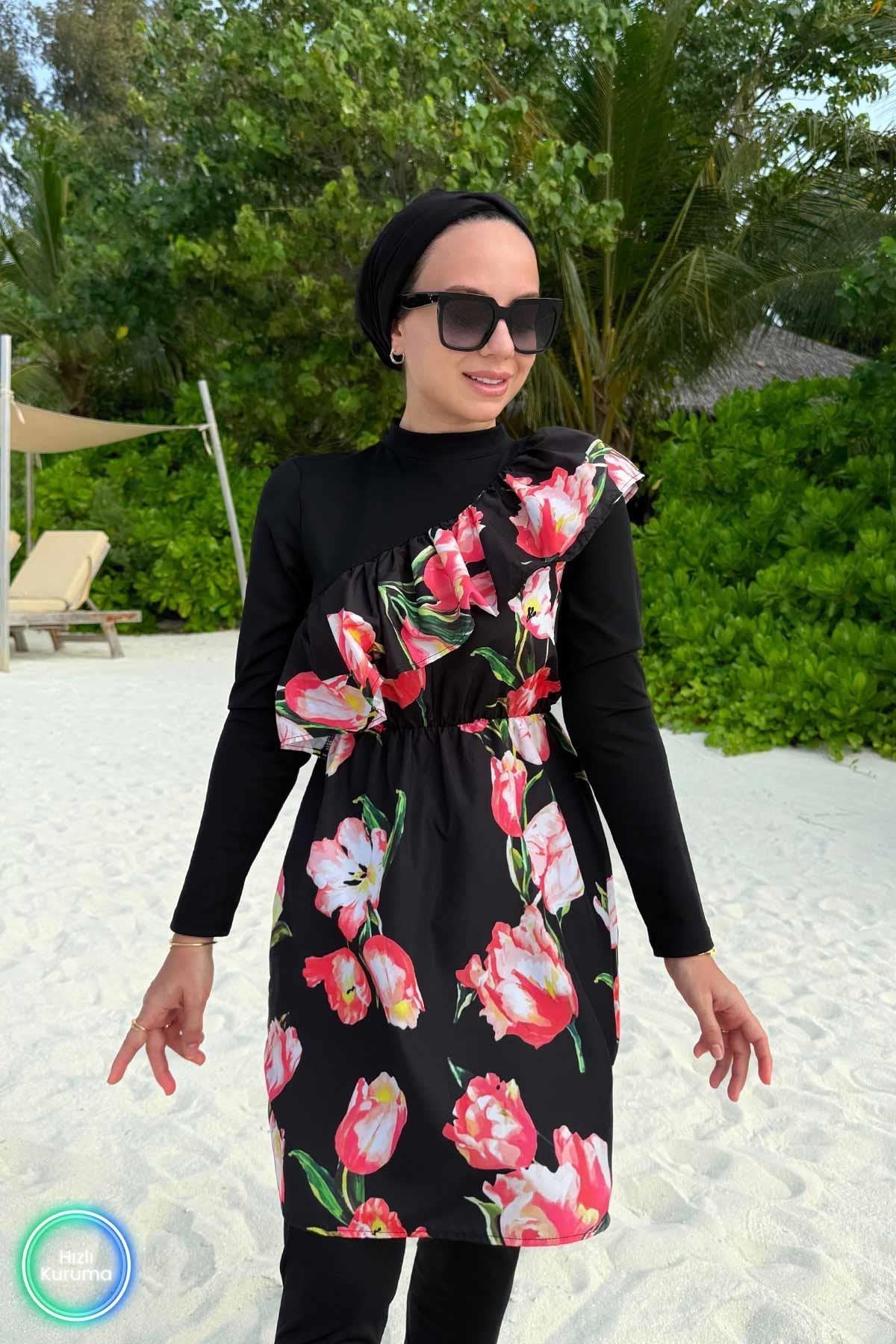 Black Chick Burkini Tulip Ruffle Detail Modest Swimsuit
