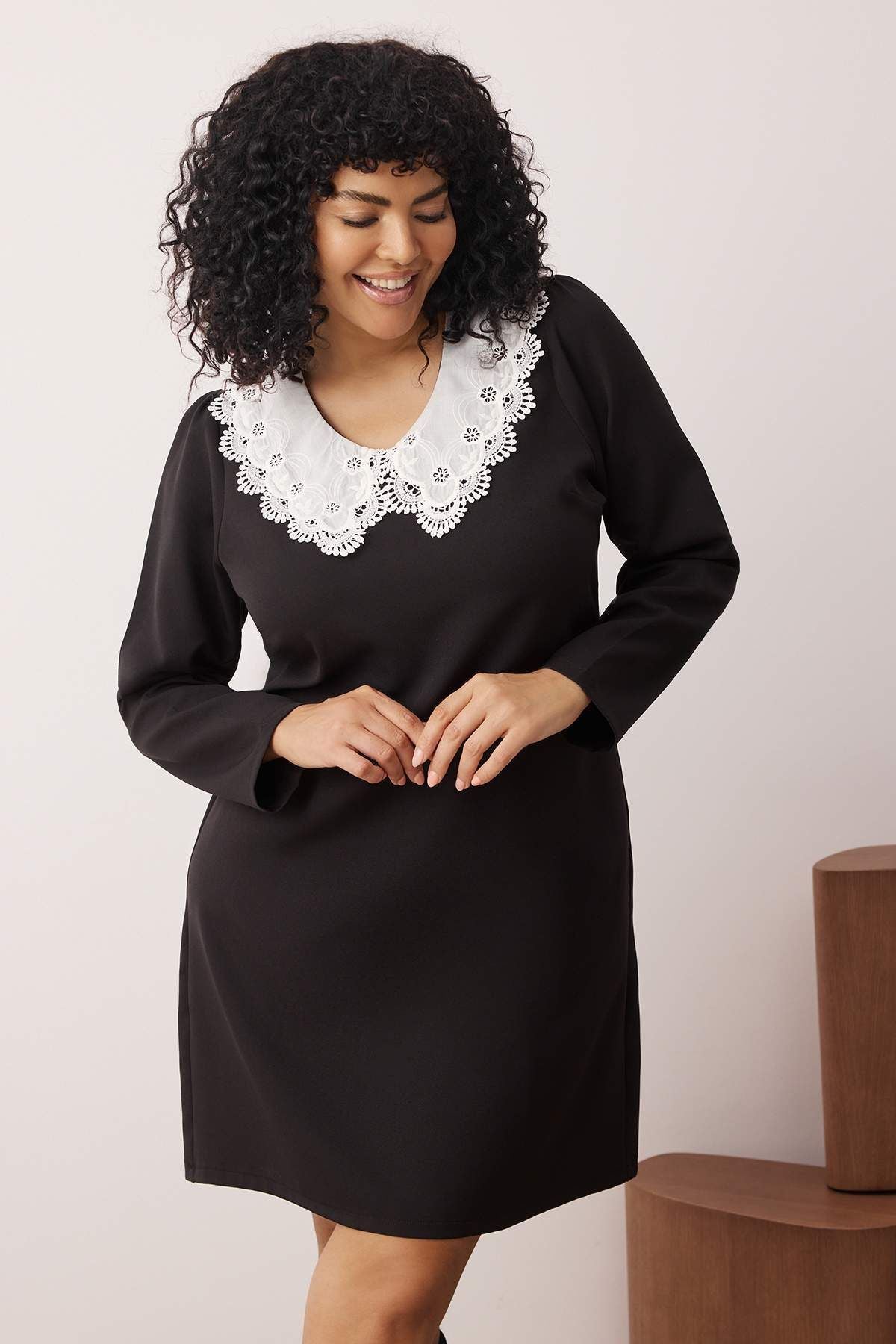 Curve Black Collar Detail Mini Shally Woven Plus Size Dress