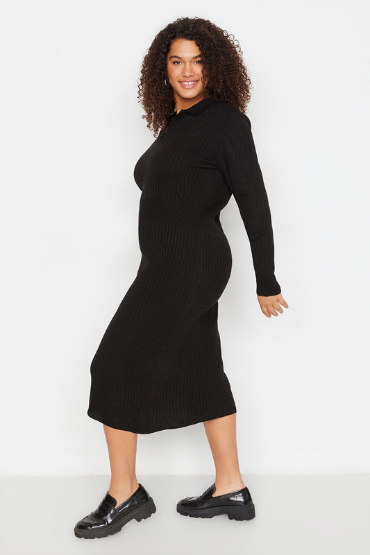Curve Black Polo Neck Ribbed Knit Plus Size Dress
