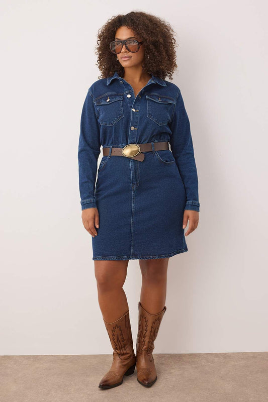 Curve Blue Collared Mid-Stretch Denim Plus Size Dress