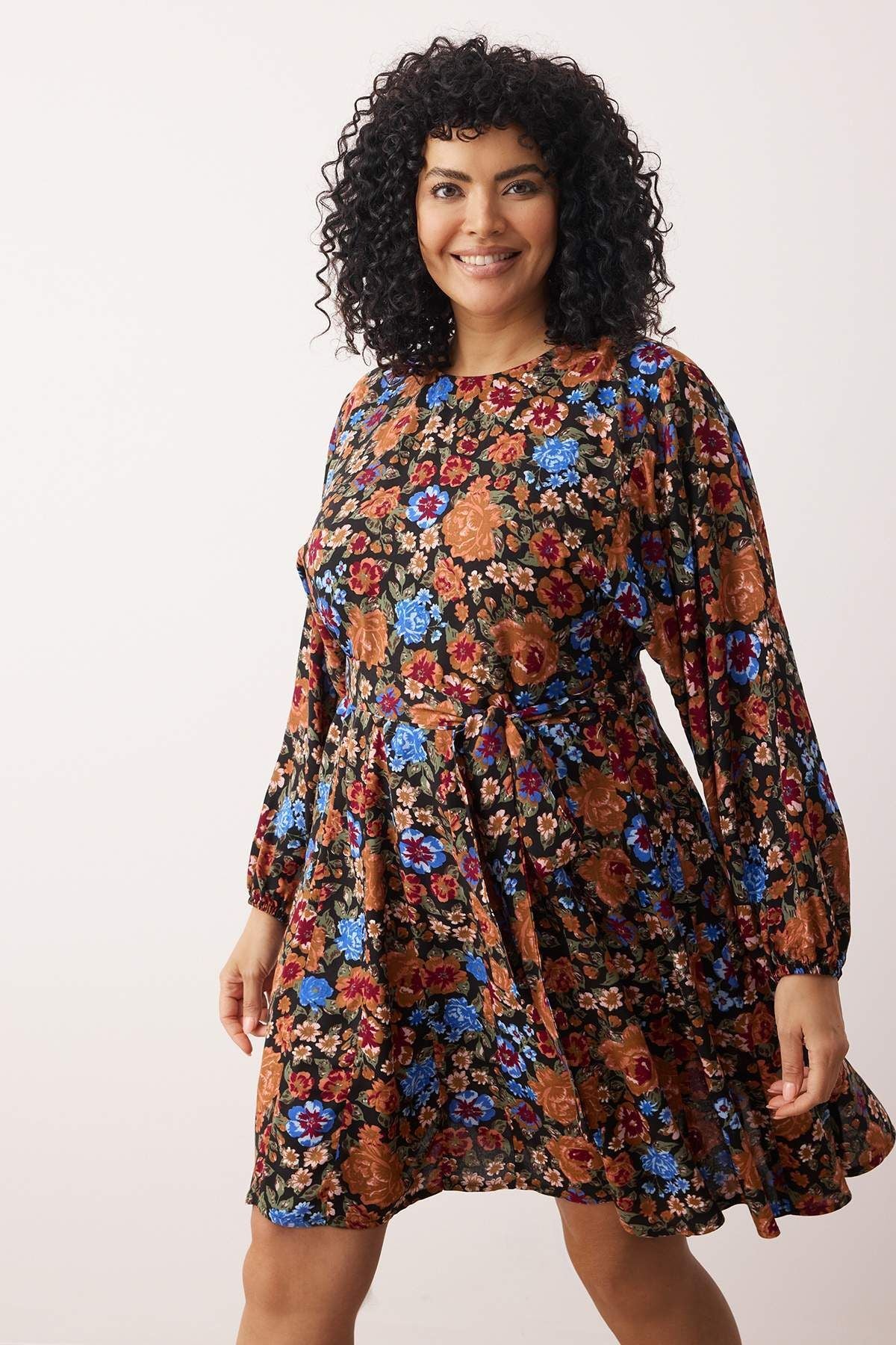 Plus Size Multi-Color Floral Belted Ruffle Viscose Woven Dress