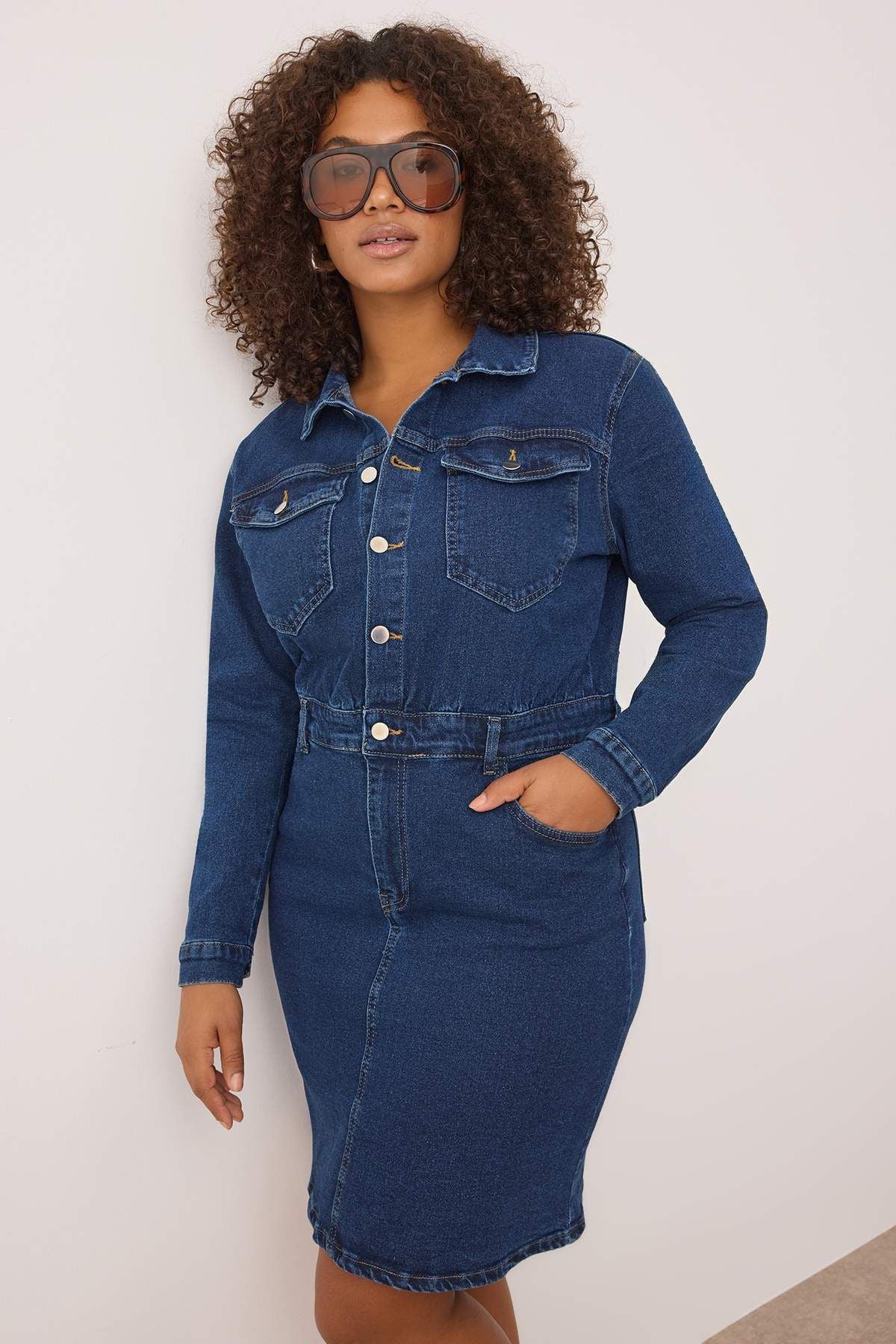 Curve Blue Collared Mid-Stretch Denim Plus Size Dress