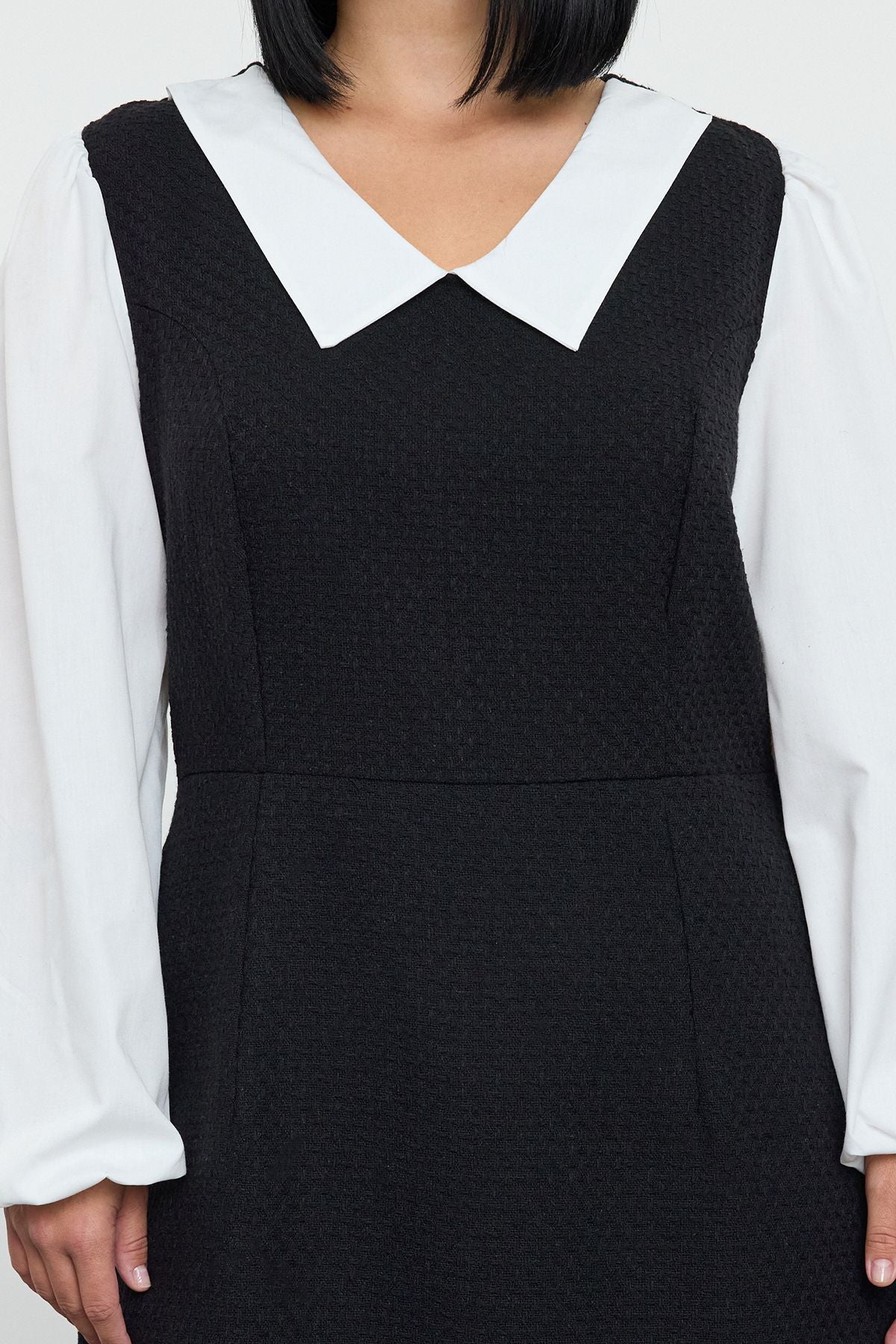 Curve Black Shirt Collar Tweed Weave Plus Size Dress