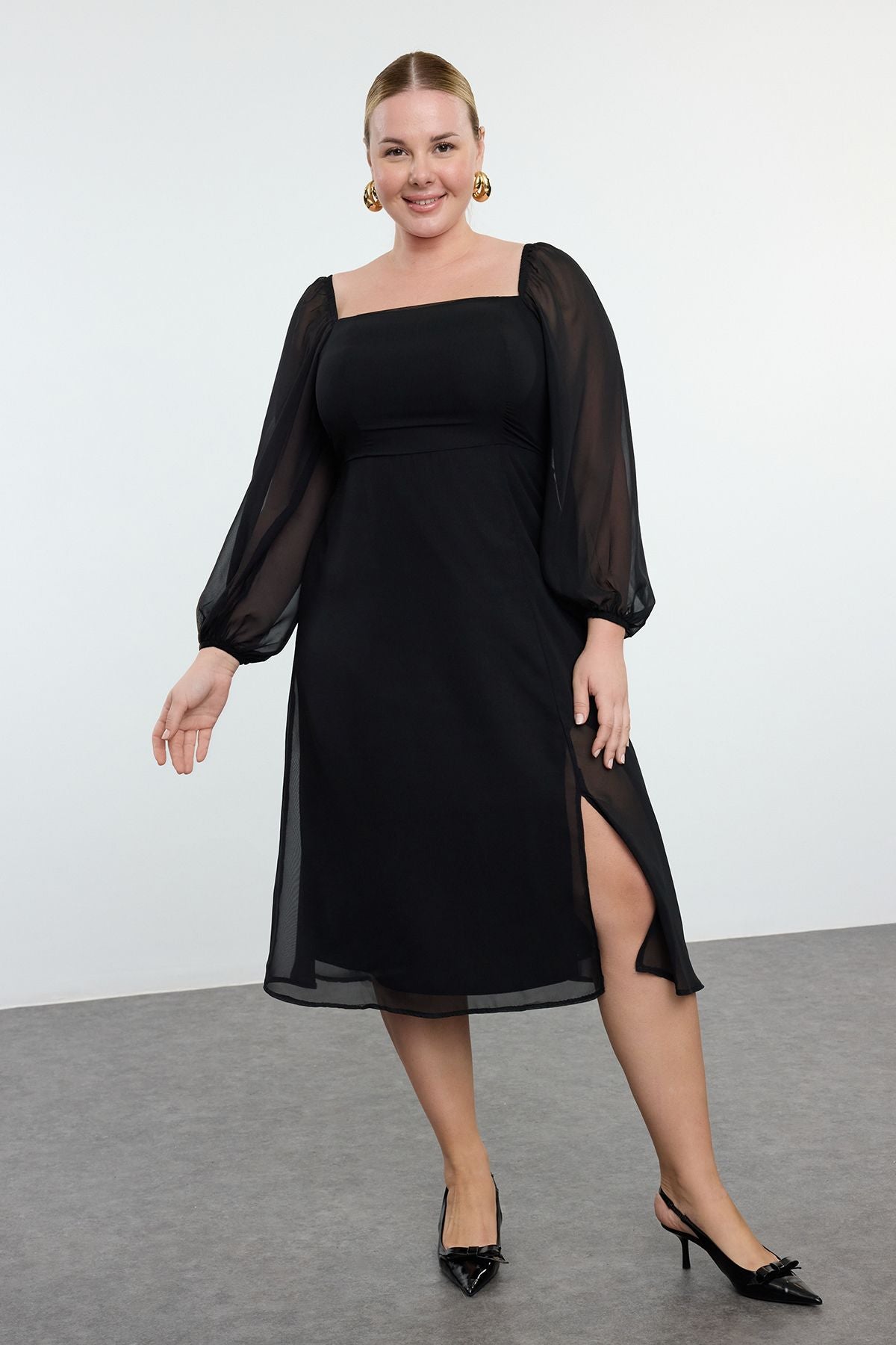 Plus Size Square Neck Slit A-Line Midi Chiffon Dress
