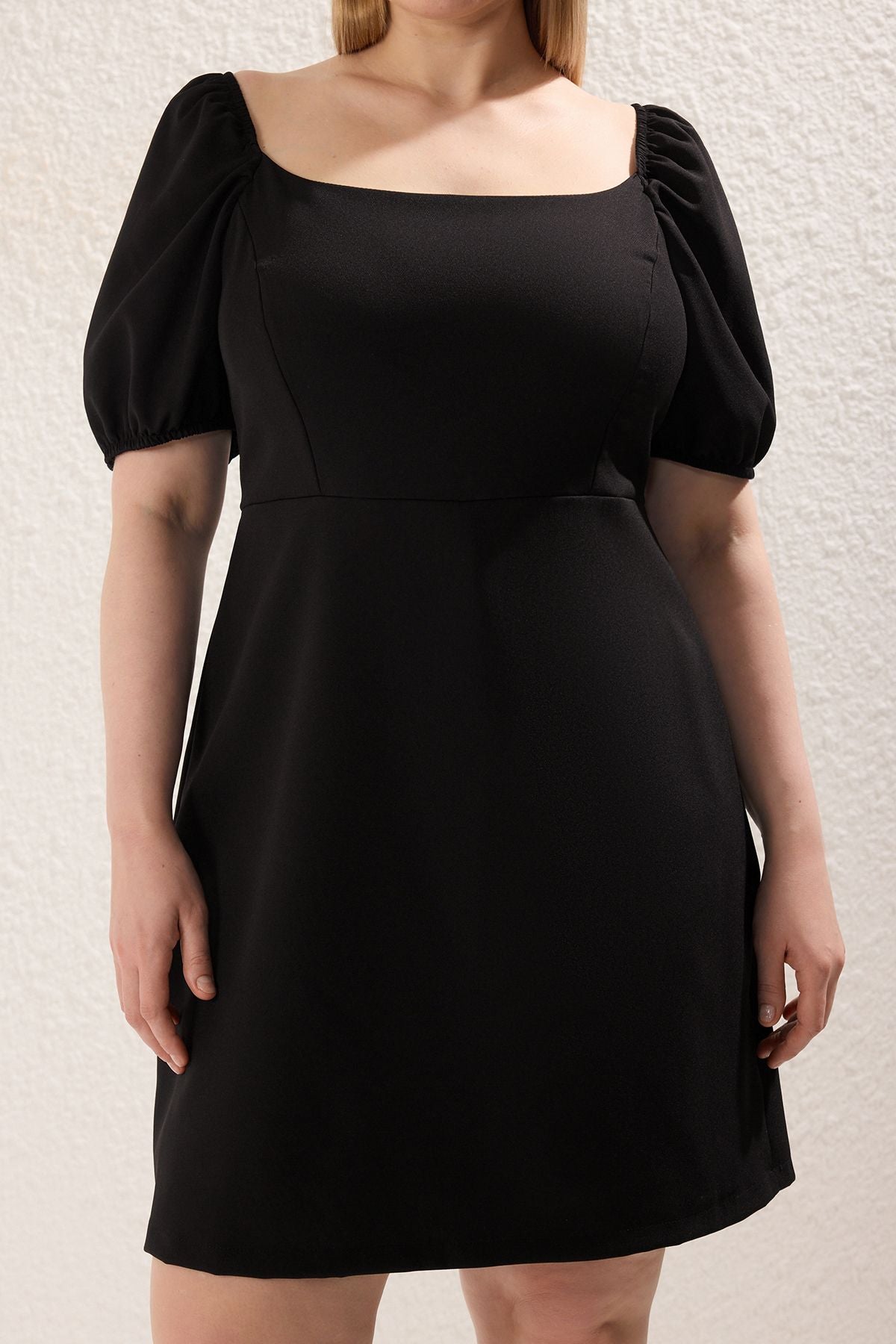 Curve Black Square Neck Lined Romper Dress with Balloon Sleeves