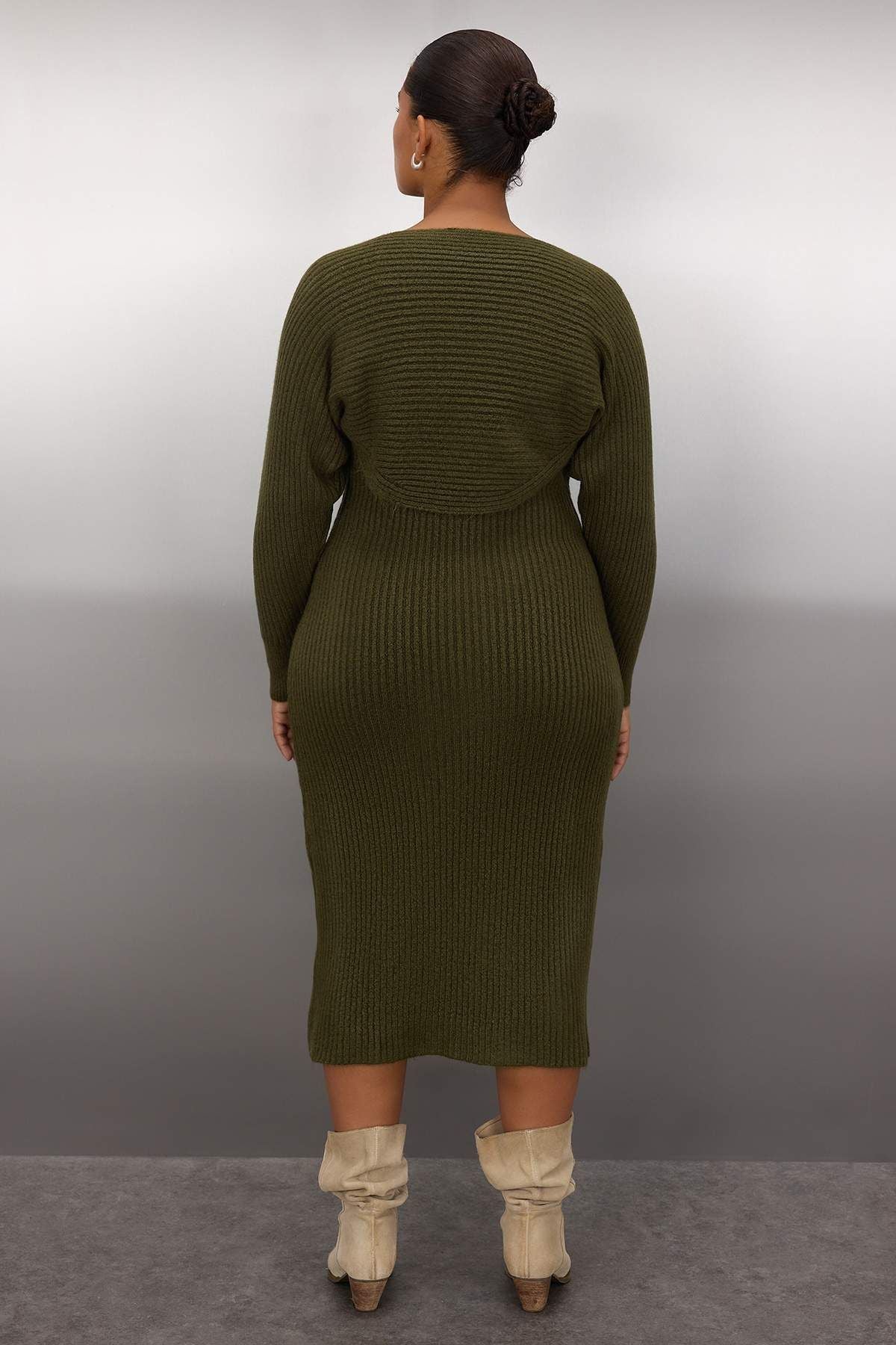 Curve Ribbed Slit Midi Knit Dress & Bolero Set
